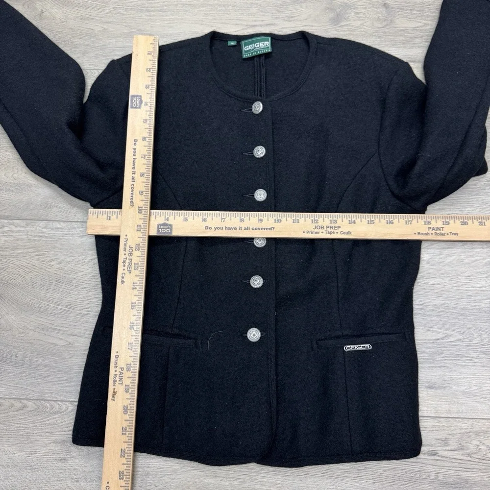 VTG Geiger Austria Black Wool Cardigan‎ Button Up Sz 38 READ Minimal Classy